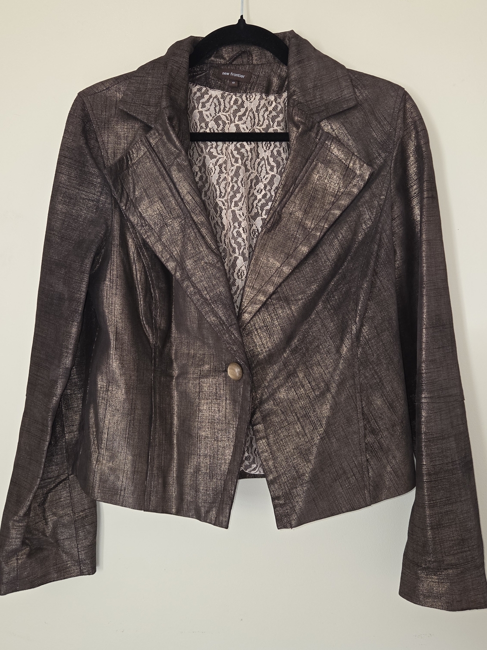 Vintage New Frontier Metallic Copper Leather Blazer Tiger Eye Button Western 10